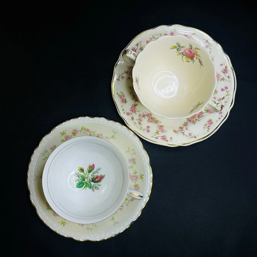 Mismatched‎ Tea Cups & Saucers Set Of 2 Vtg Bone China Pink Roses Green Floral